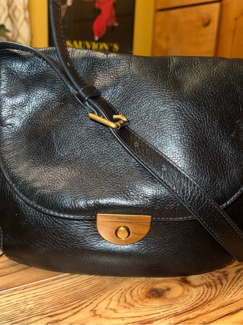 Fossil Black Leather Crossbody Bag with Gold Hardware